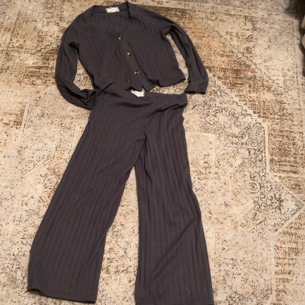btween  Girls Ribbed Wide-Leg Pant and Button Cardigan Set - Charcoal